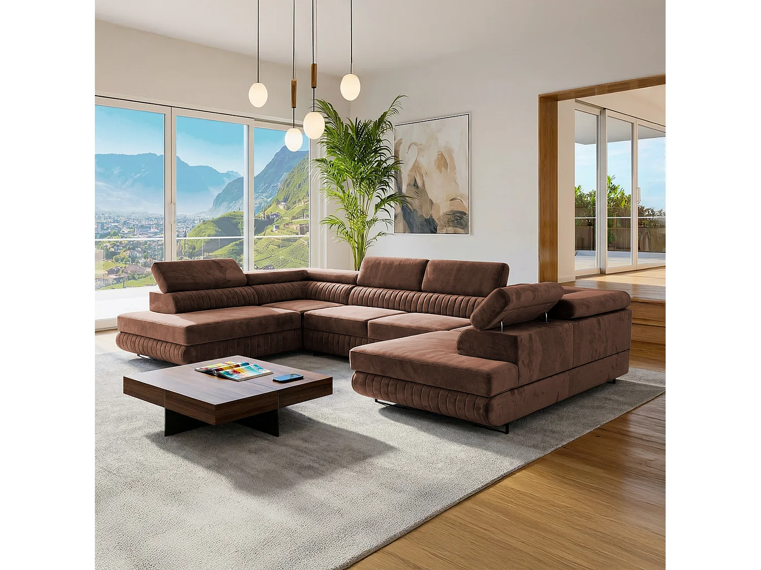 U-Form Schlafsofa Magnum Braun 345x202 cm – Flexibles Design ohne feste Seite