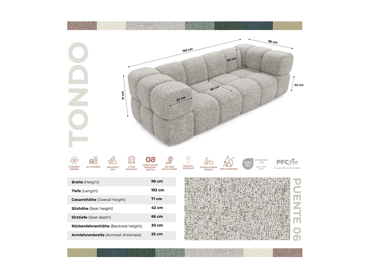 Design-Sofa 3-Sitzer TONDO PUENTE 06 – Strukturstoff in Bouclé-Optik – Wellenförmiges Design –  Beige