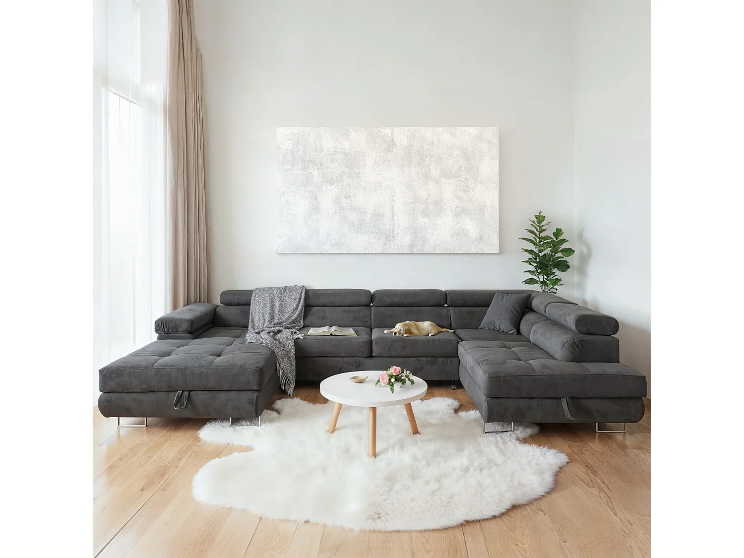 U-förmiges Ecksofa 345 x 202 cm, grau, rechts, mit Schlaffunktion und Bettkasten – Aller U XXL