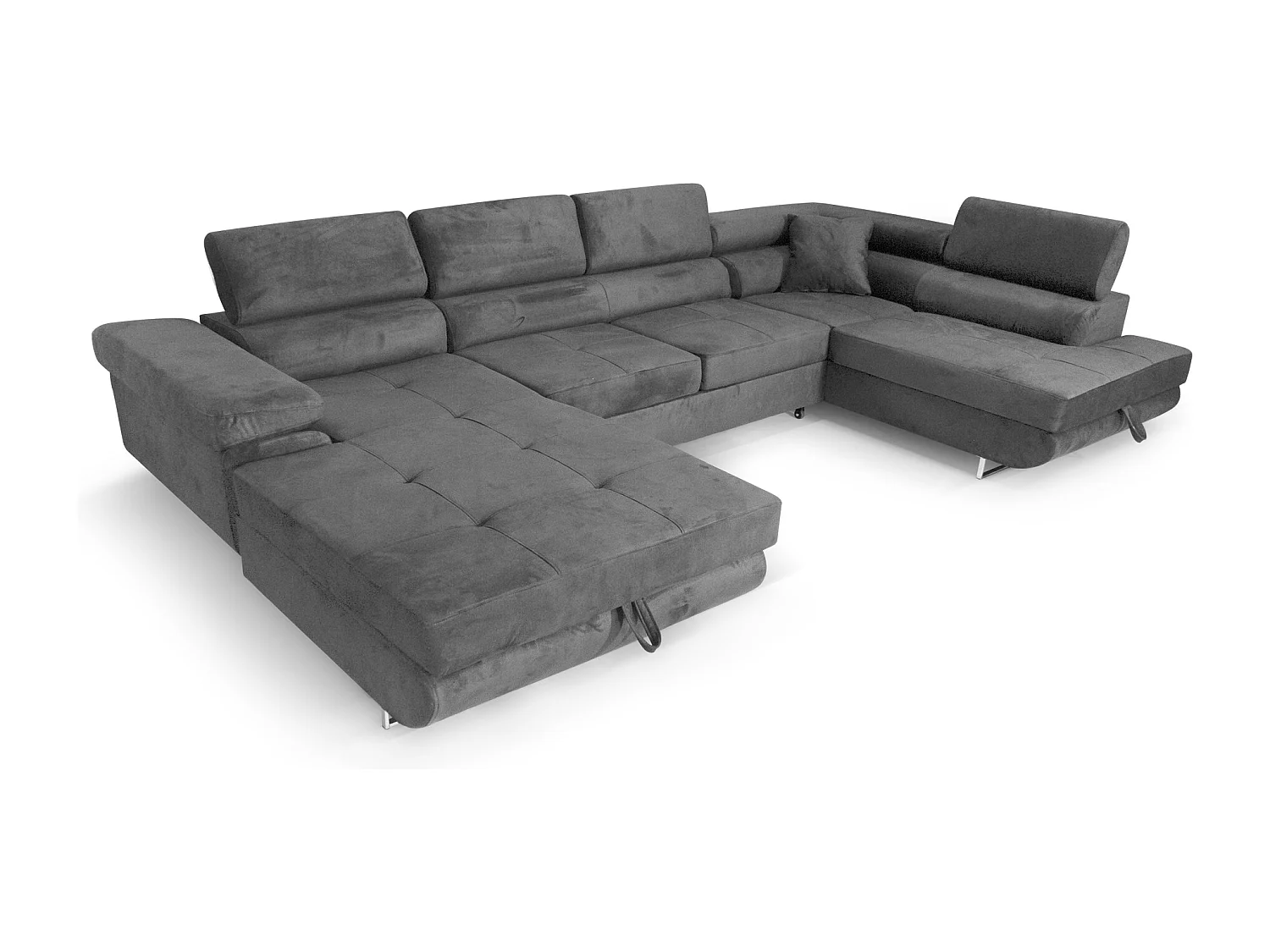 U-förmiges Ecksofa 345 x 202 cm, grau, rechts, mit Schlaffunktion und Bettkasten – Aller U XXL