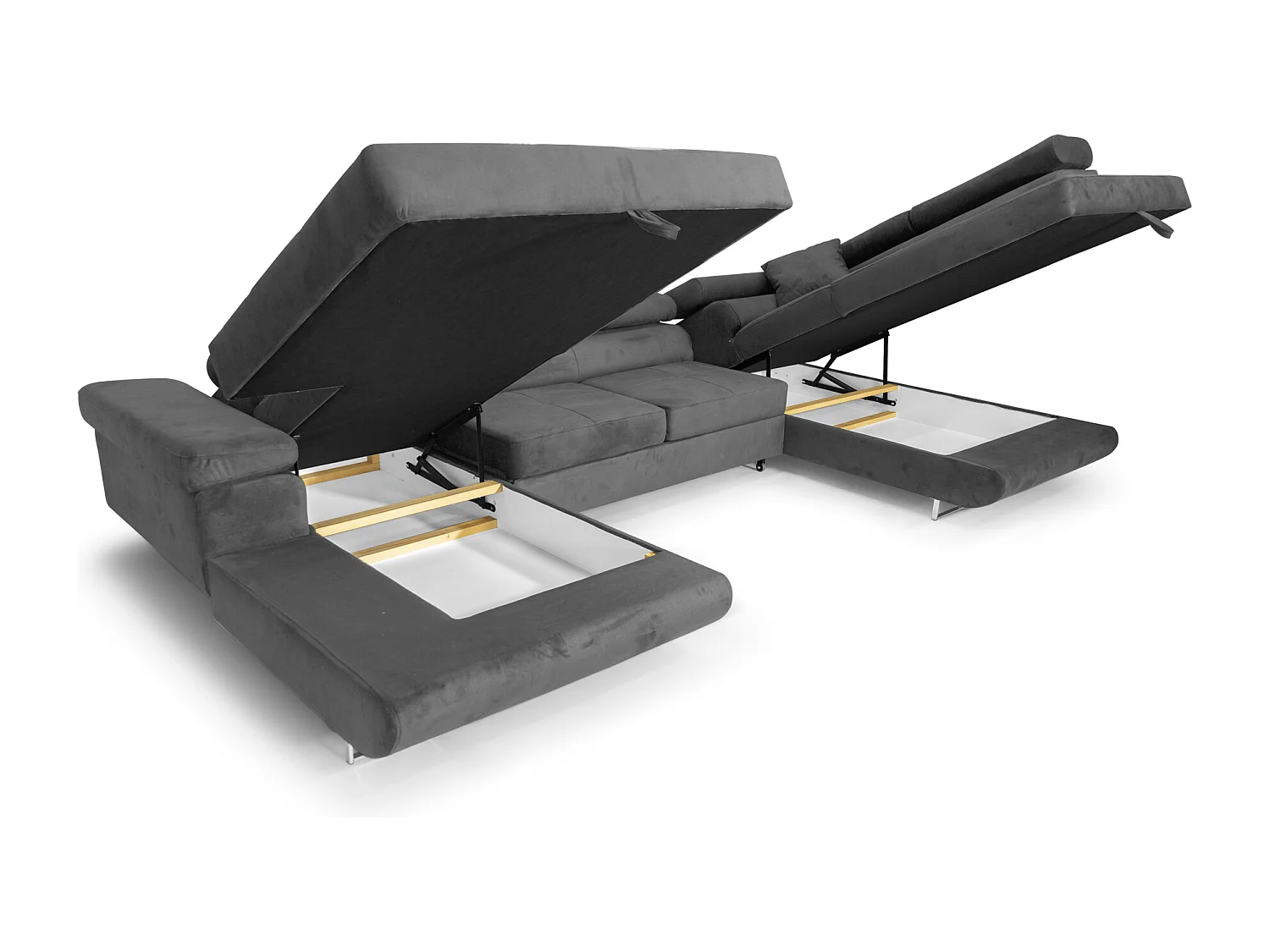 U-förmiges Ecksofa 345 x 202 cm, grau, rechts, mit Schlaffunktion und Bettkasten – Aller U XXL