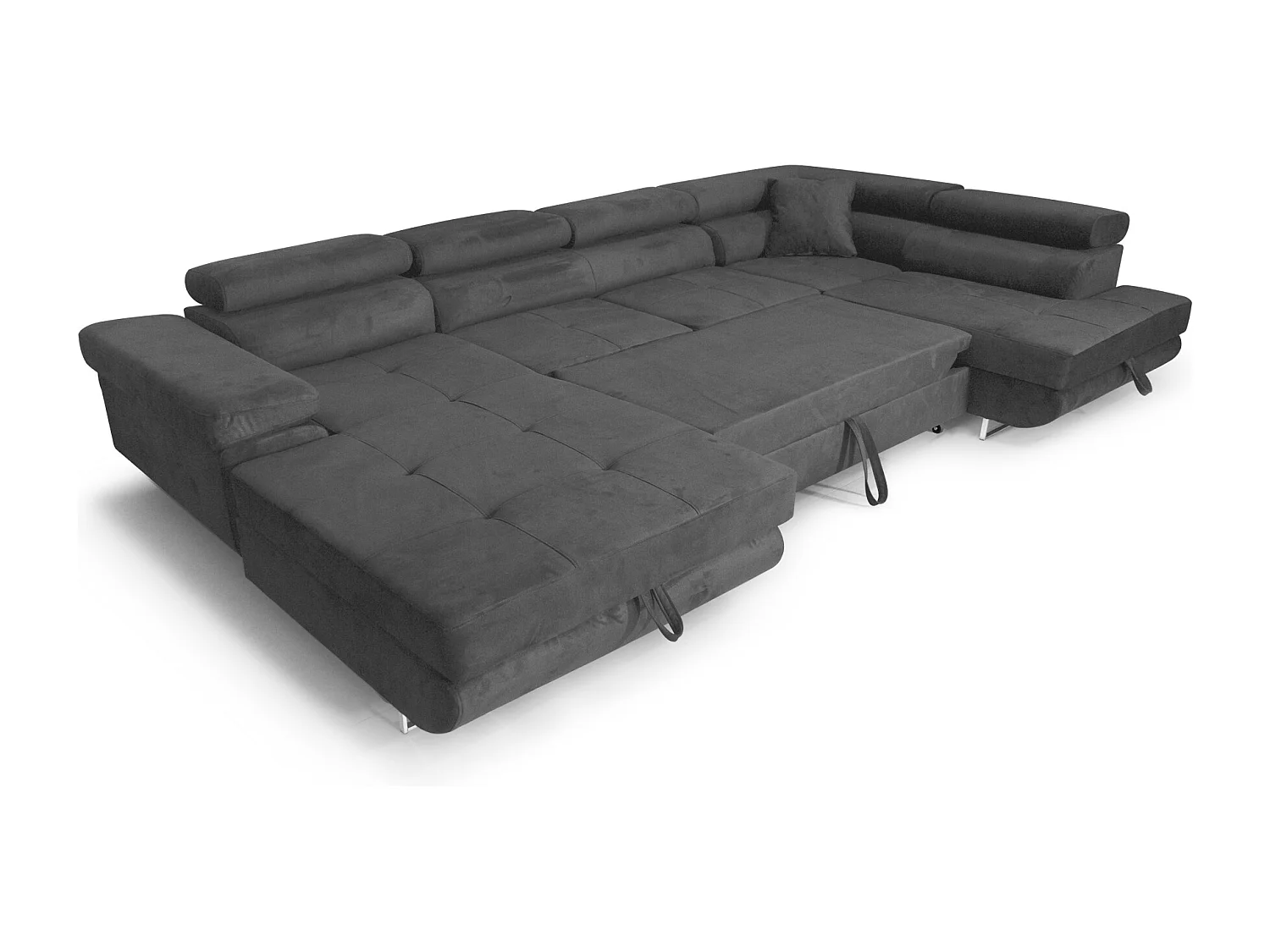 U-förmiges Ecksofa 345 x 202 cm, grau, rechts, mit Schlaffunktion und Bettkasten – Aller U XXL