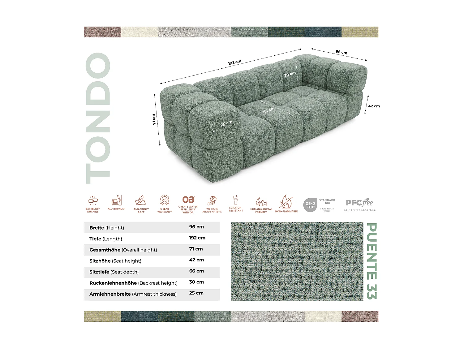 Design-Sofa 3-Sitzer TONDO PUENTE 33 – Strukturstoff in Bouclé-Optik – Wellenförmiges Design – Minze