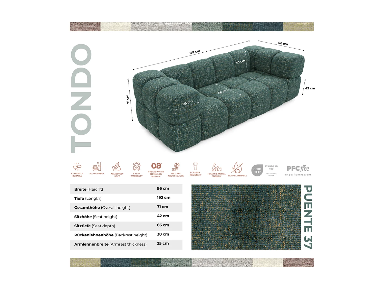 Design-Sofa 3-Sitzer TONDO PUENTE 37– Strukturstoff in Bouclé-Optik – Wellenförmiges Design –  Grün