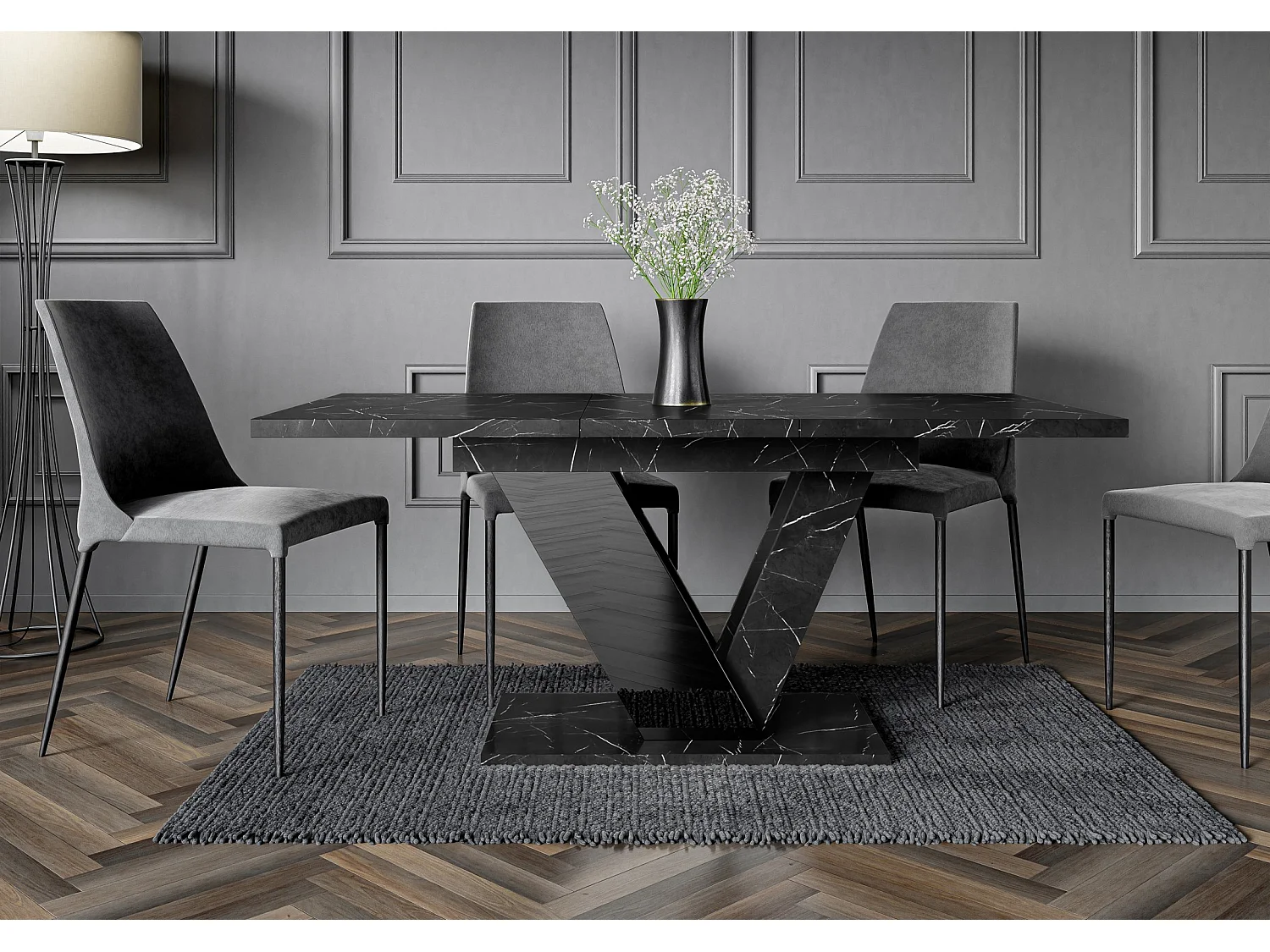 Table à manger extensible DUBLIN Marbre Noir et Noir laqué 120 à 160 cm 6 personnes