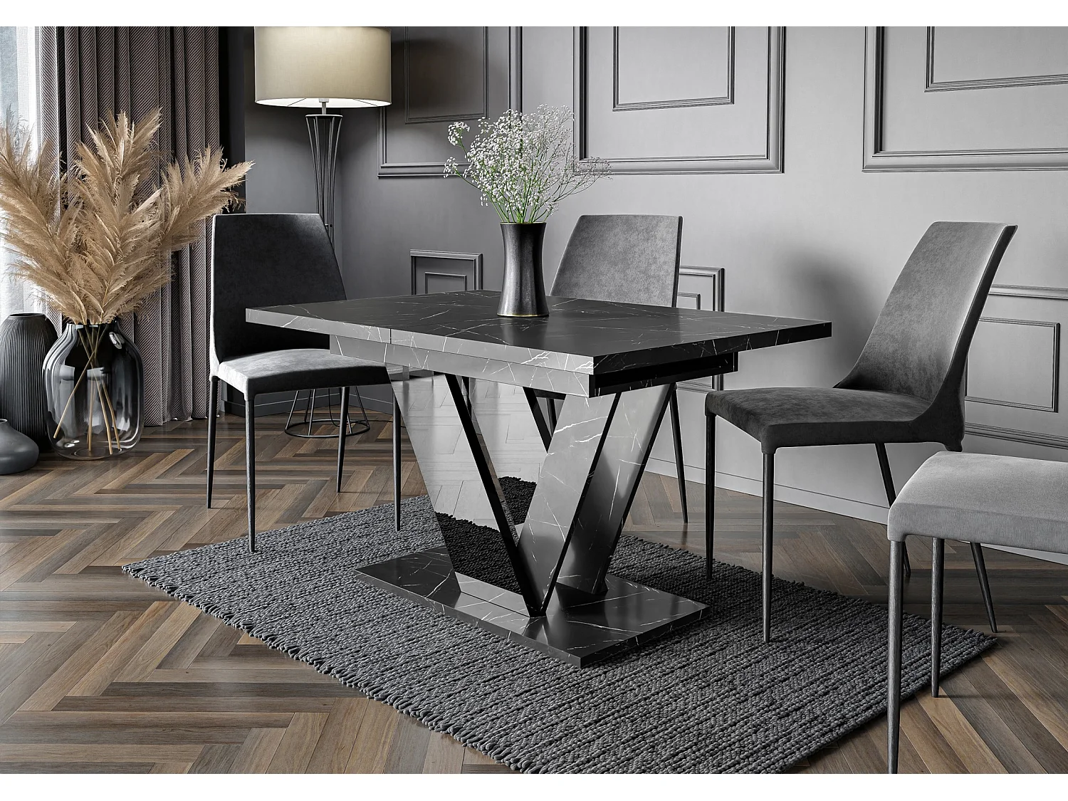 Table à manger extensible DUBLIN Marbre Noir et Noir laqué 120 à 160 cm 6 personnes