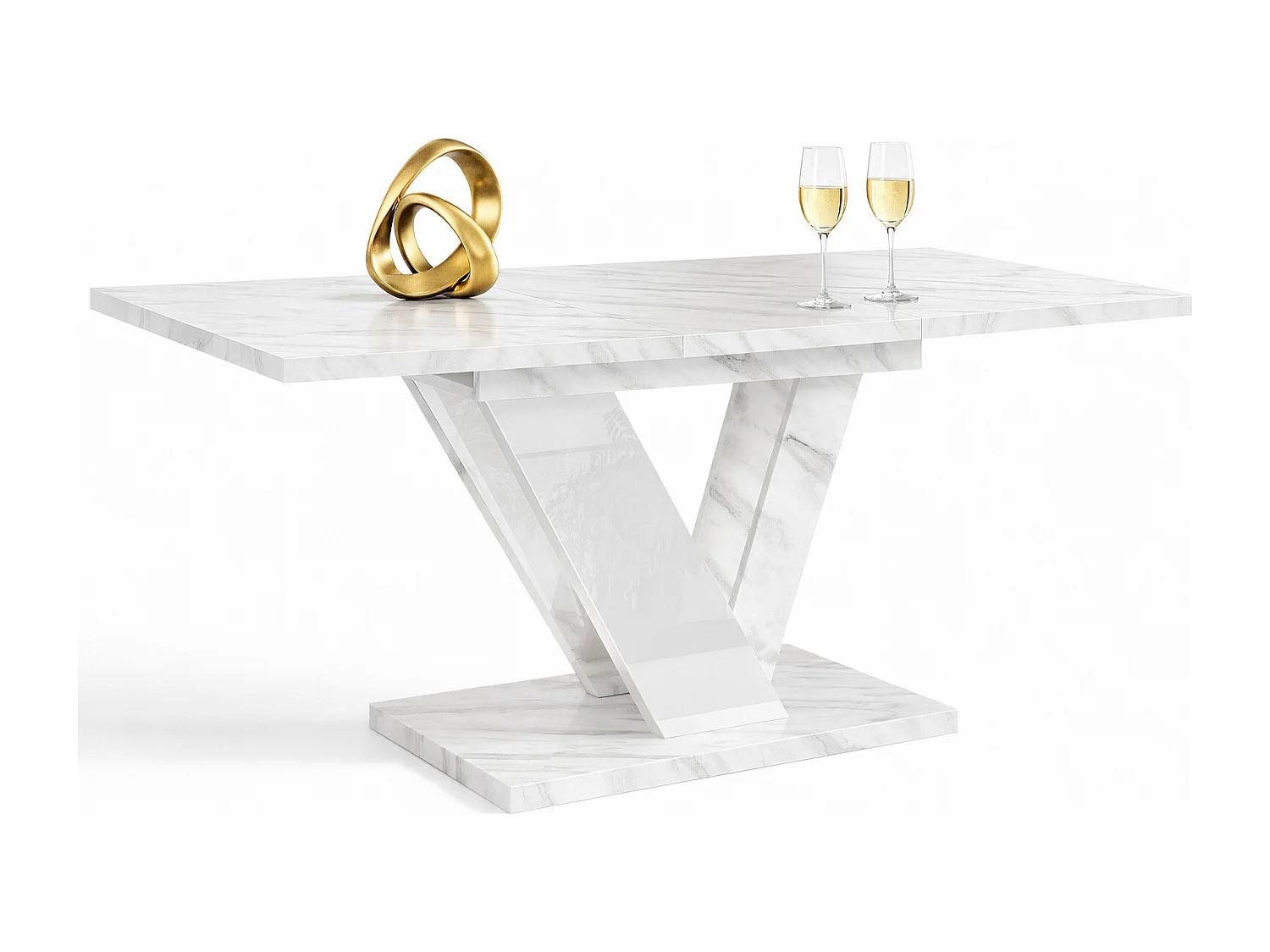 Table à manger extensible DUBLIN Marbre Blanc et Blanc laqué 120 à 160 cm 6 personnes