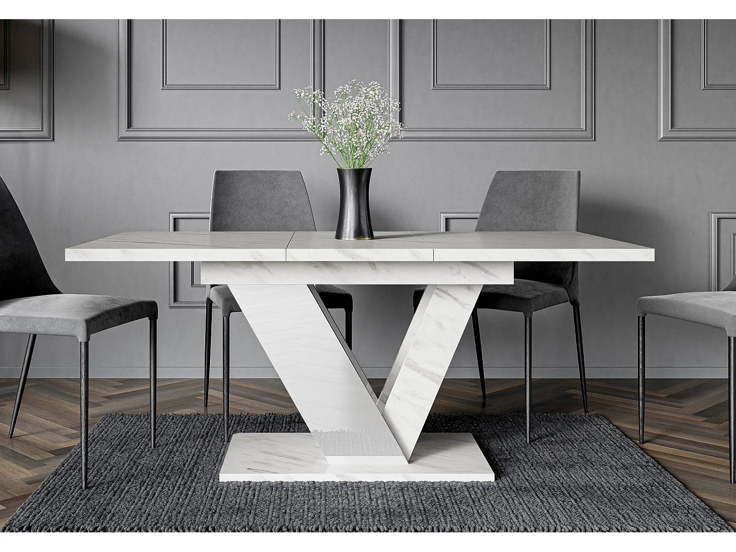 Table à manger extensible DUBLIN Marbre Blanc et Blanc laqué 120 à 160 cm 6 personnes