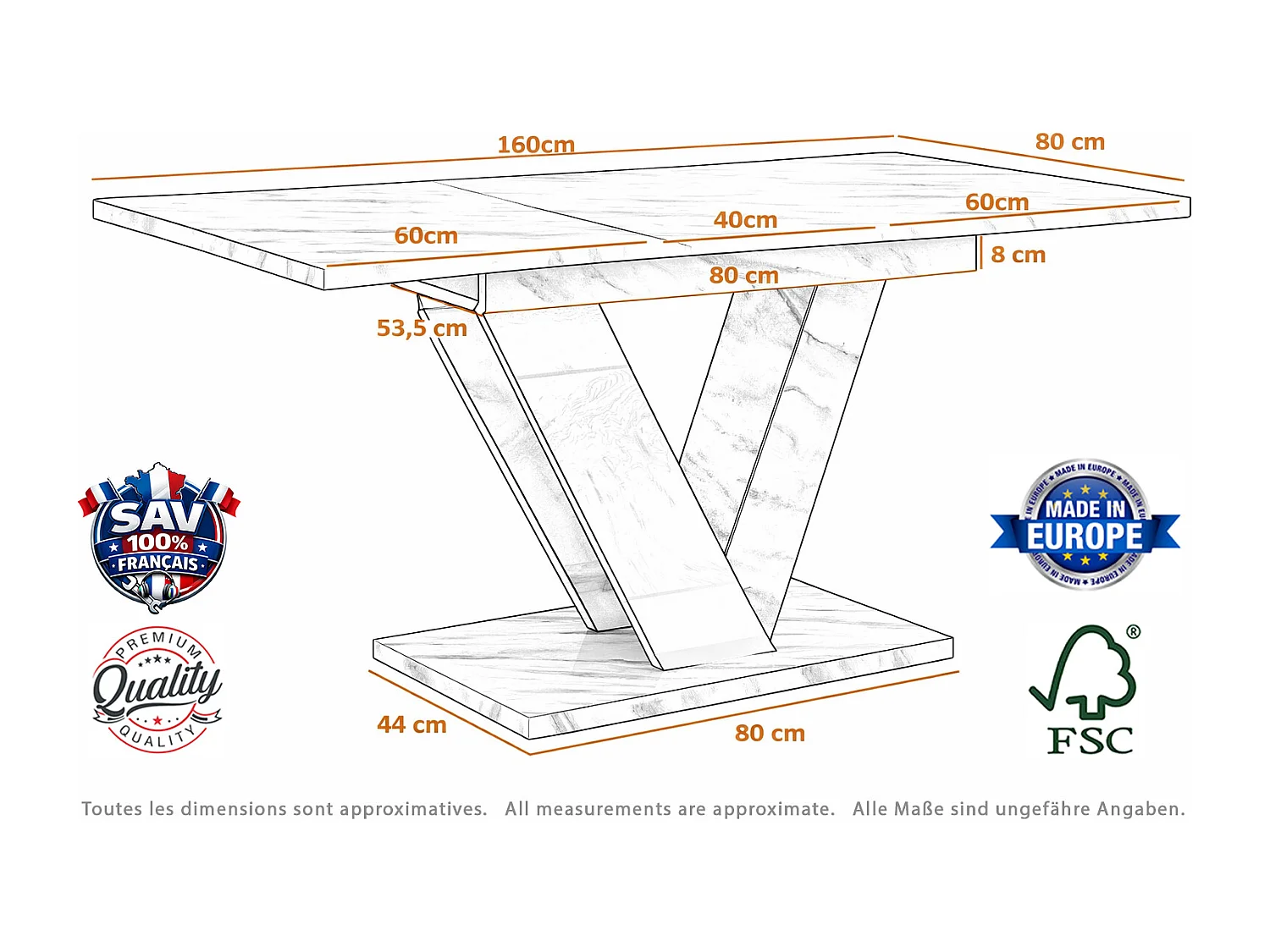 Table à manger extensible DUBLIN Marbre Blanc et Blanc laqué 120 à 160 cm 6 personnes