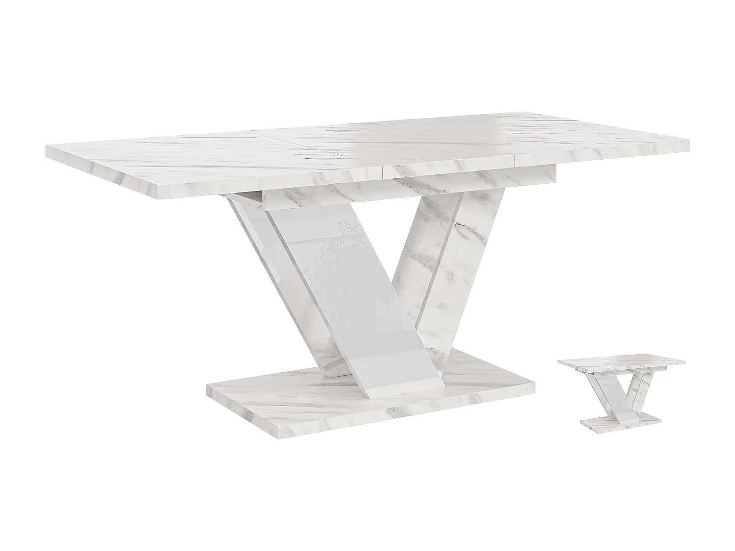 Table à manger extensible DUBLIN Marbre Blanc et Blanc laqué 120 à 160 cm 6 personnes