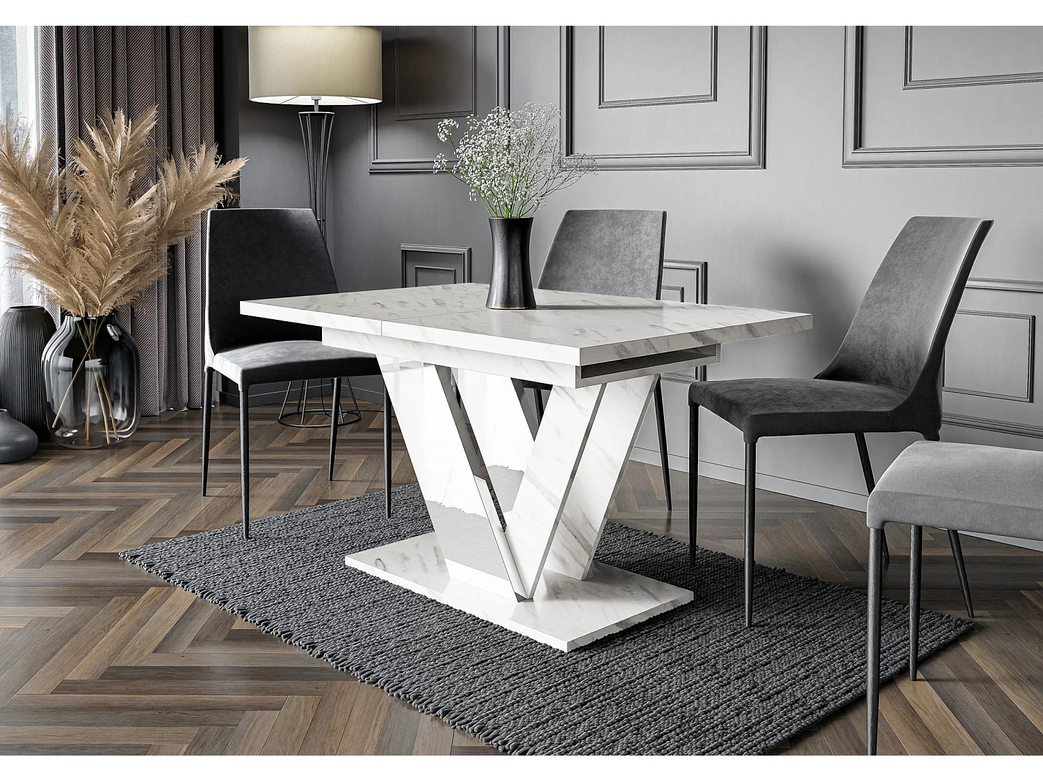 Table à manger extensible DUBLIN Marbre Blanc et Blanc laqué 120 à 160 cm 6 personnes