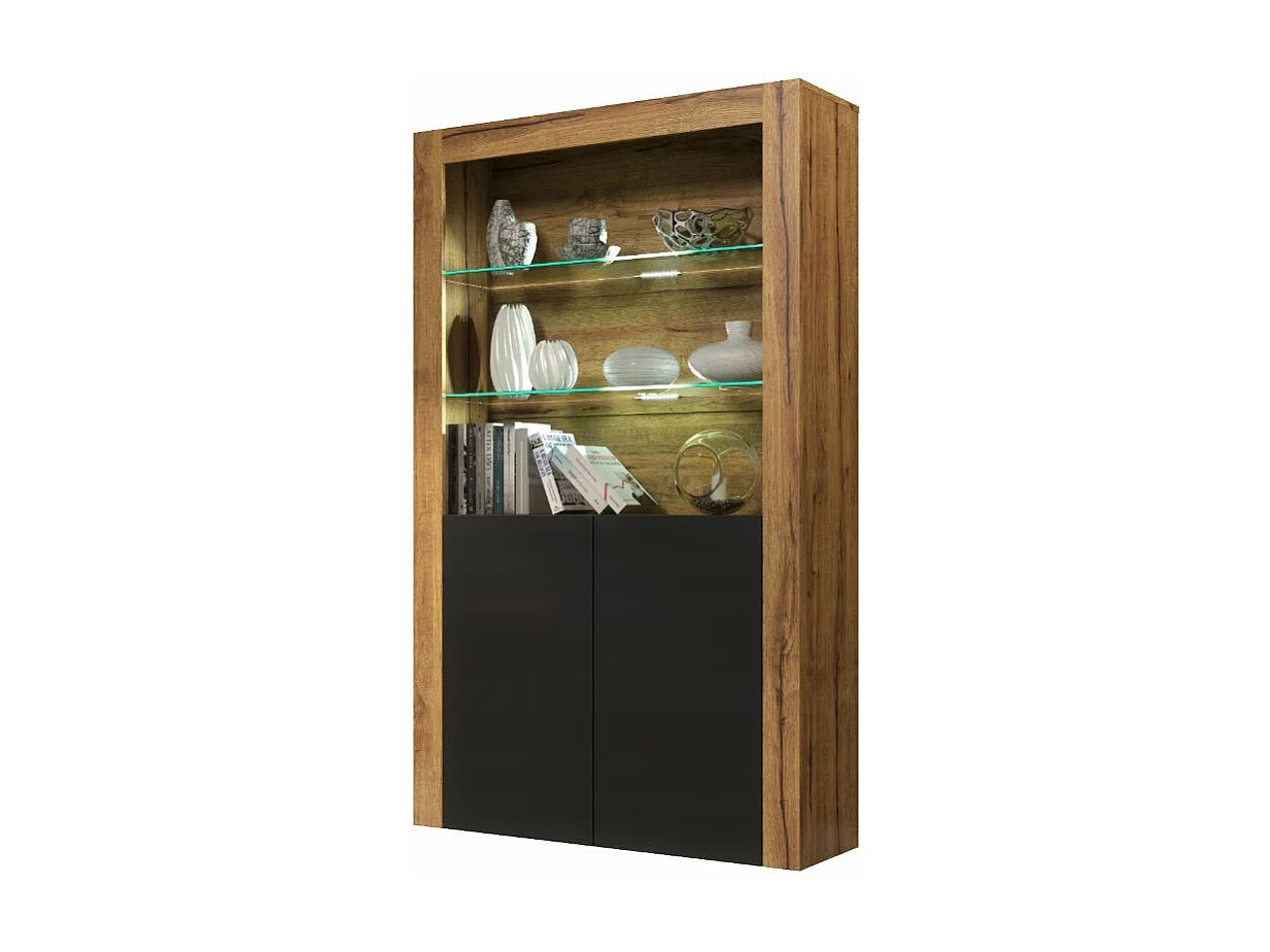 Vitrine JIVE 90 cm bois et noir style industriel commode avec LEDS