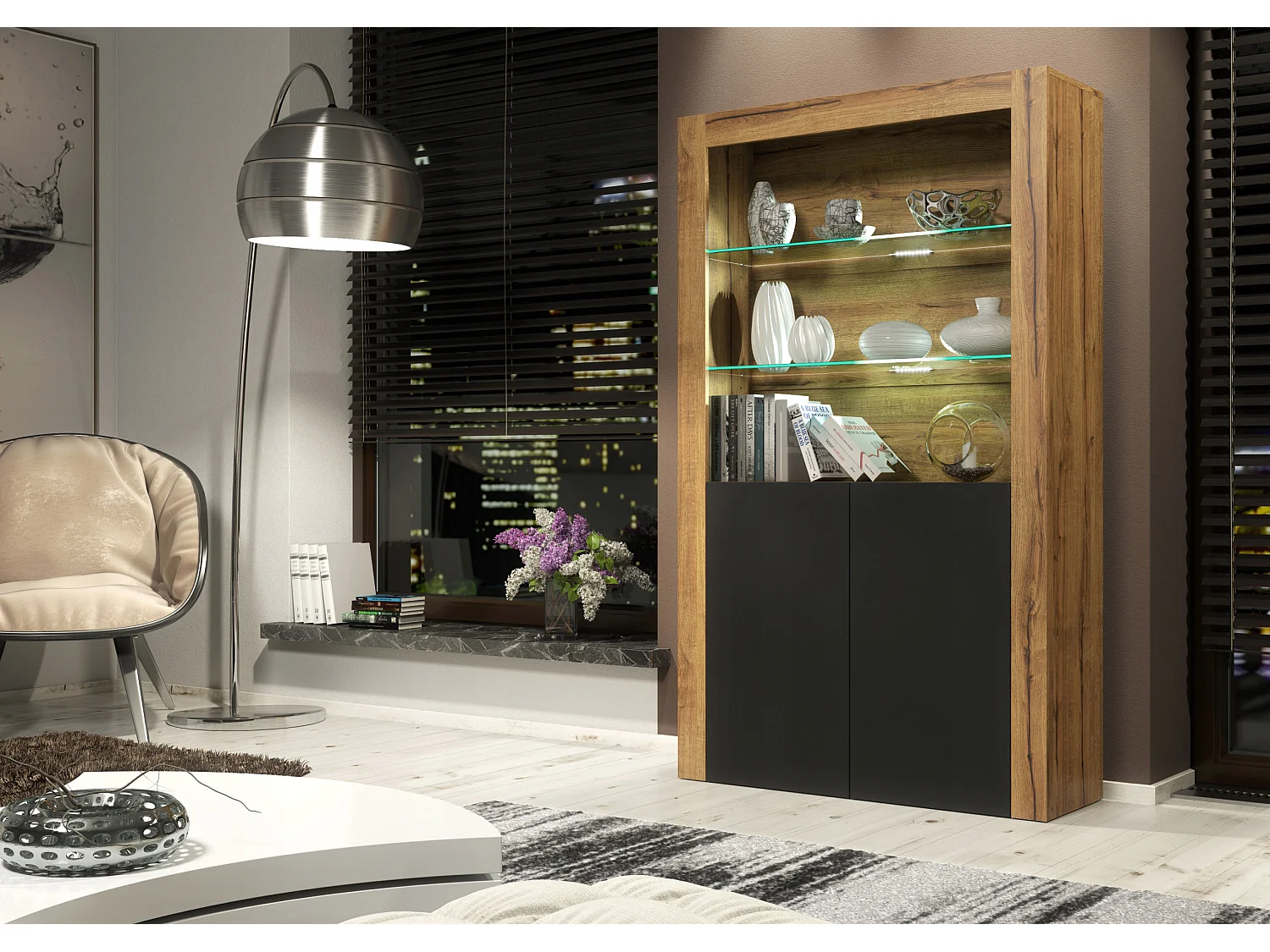 Vitrine JIVE 90 cm bois et noir style industriel commode avec LEDS