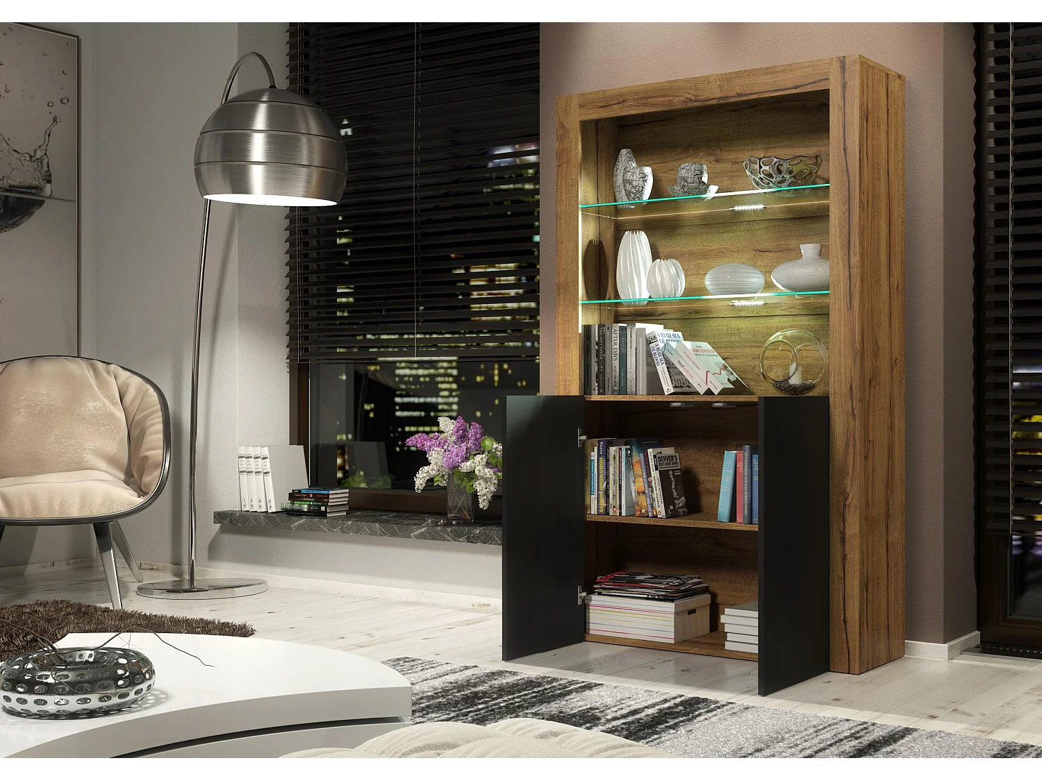 Vitrine JIVE 90 cm bois et noir style industriel commode avec LEDS