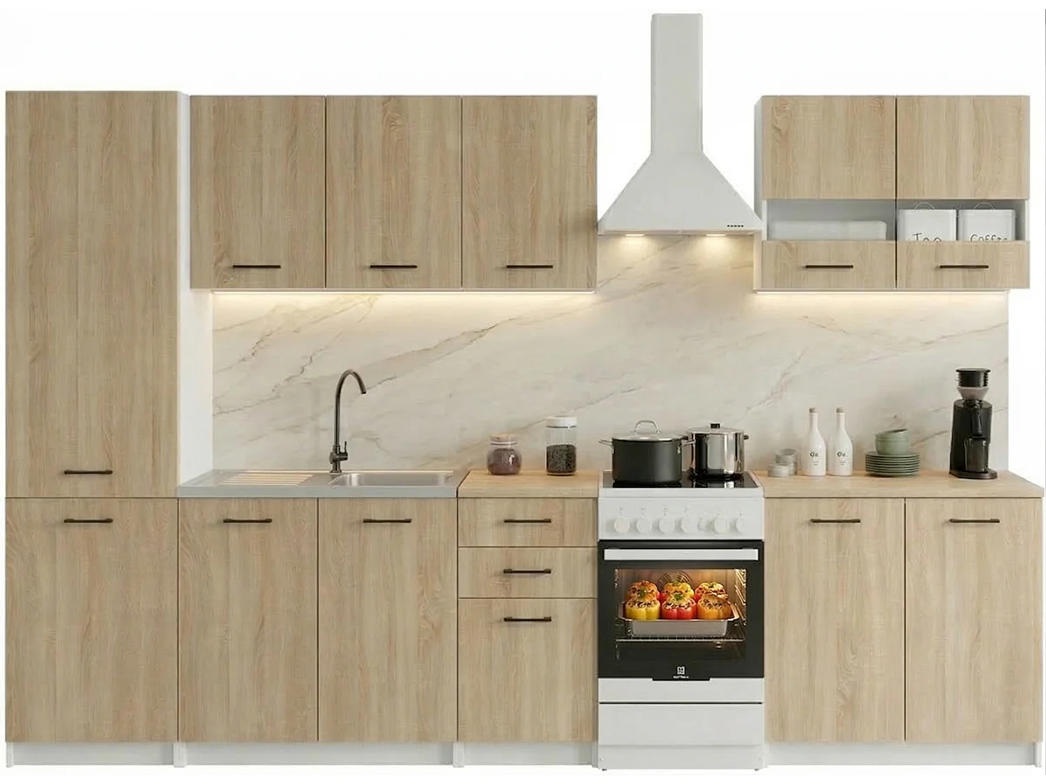 Cuisine complète Sanclar BOIS chêne 250 cm avec colonne et meuble vitré - 7 éléments