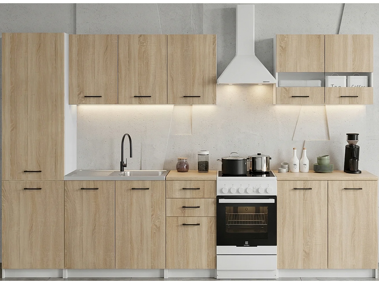 Cuisine complète Sanclar BOIS chêne 250 cm avec colonne et meuble vitré - 7 éléments