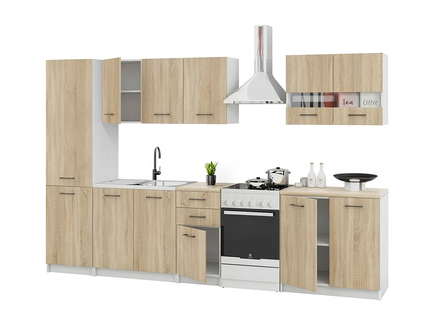 Cuisine complète Sanclar BOIS chêne 250 cm avec colonne et meuble vitré - 7 éléments