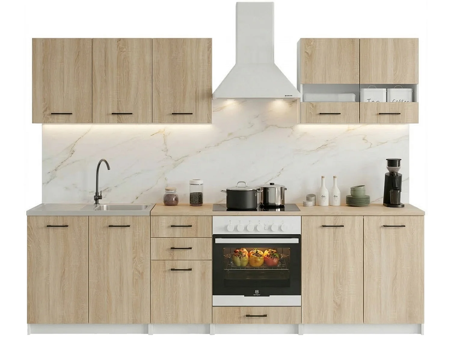 Cuisine complète Sanclar BOIS chêne 260 cm avec encastrement four - 7 éléments