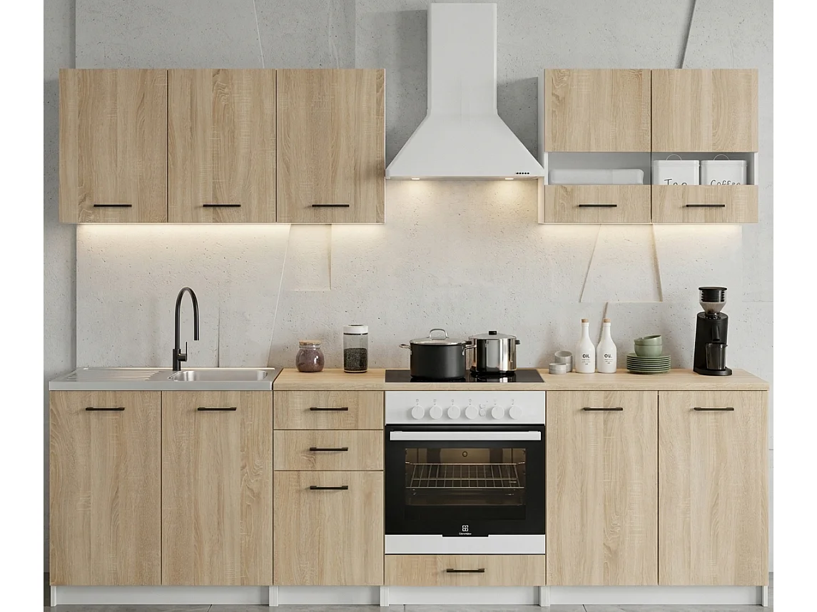 Cuisine complète Sanclar BOIS chêne 260 cm avec encastrement four - 7 éléments