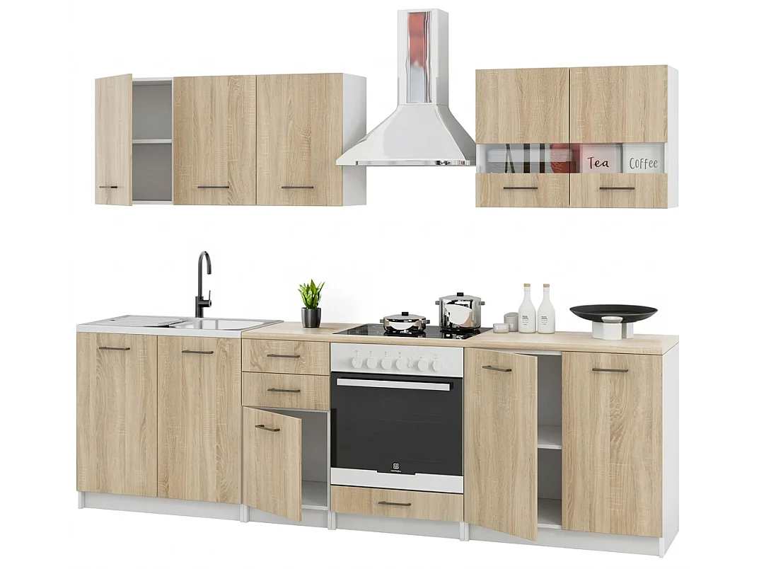 Cuisine complète Sanclar BOIS chêne 260 cm avec encastrement four - 7 éléments