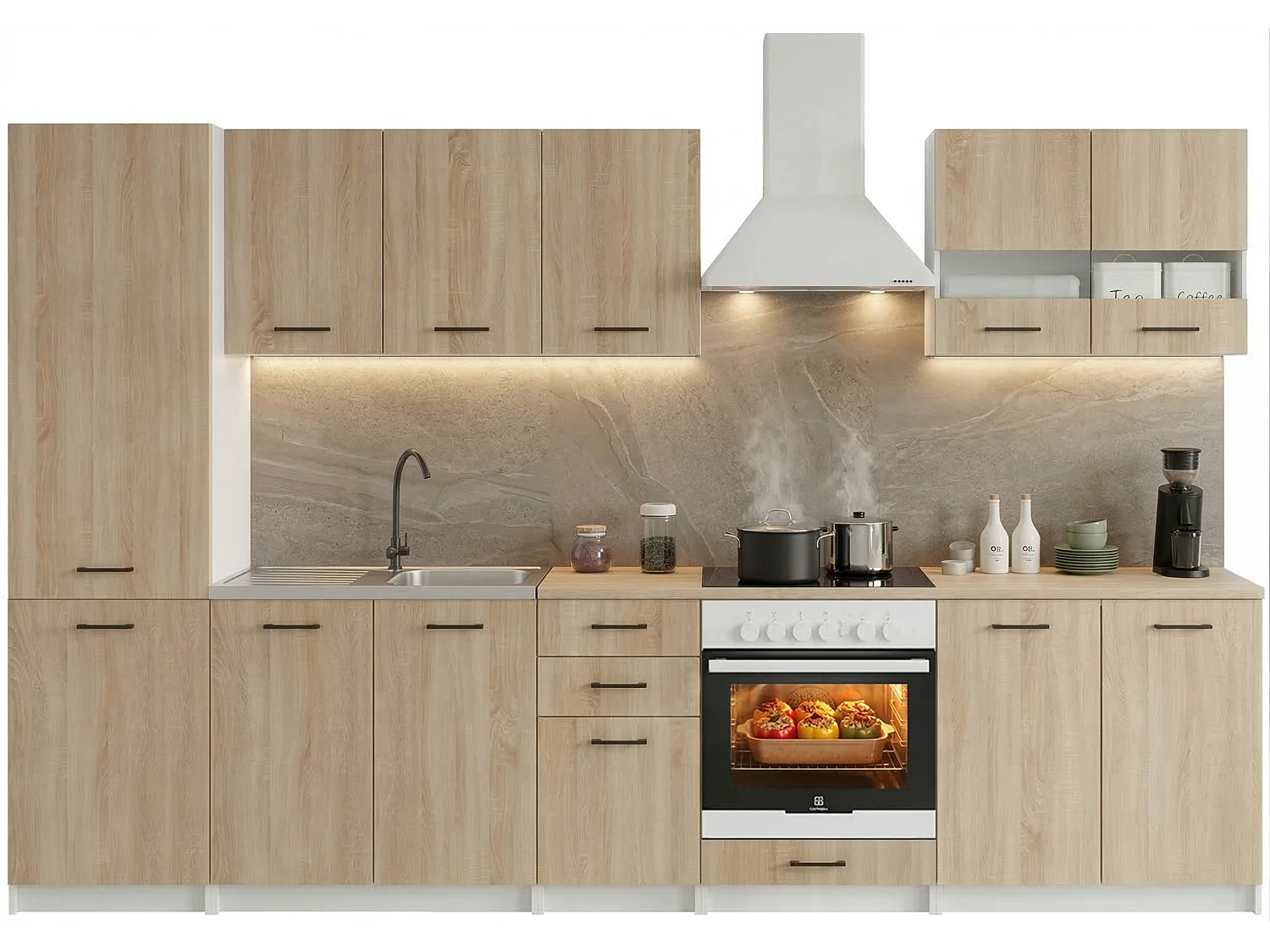 Cuisine complète Sanclar BOIS chêne 310 cm avec colonne et encastrement four - 8 éléments