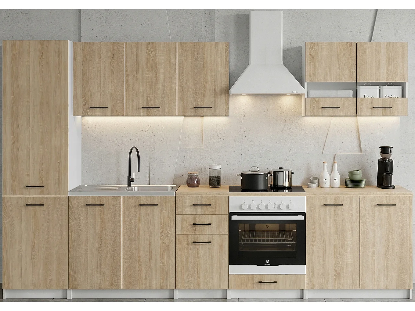 Cuisine complète Sanclar BOIS chêne 310 cm avec colonne et encastrement four - 8 éléments