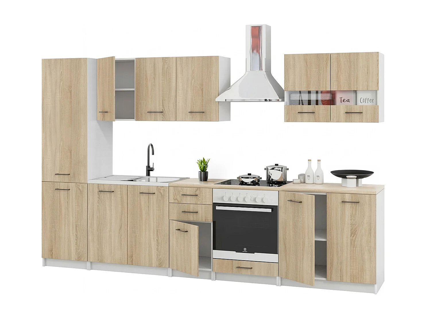 Cuisine complète Sanclar BOIS chêne 310 cm avec colonne et encastrement four - 8 éléments