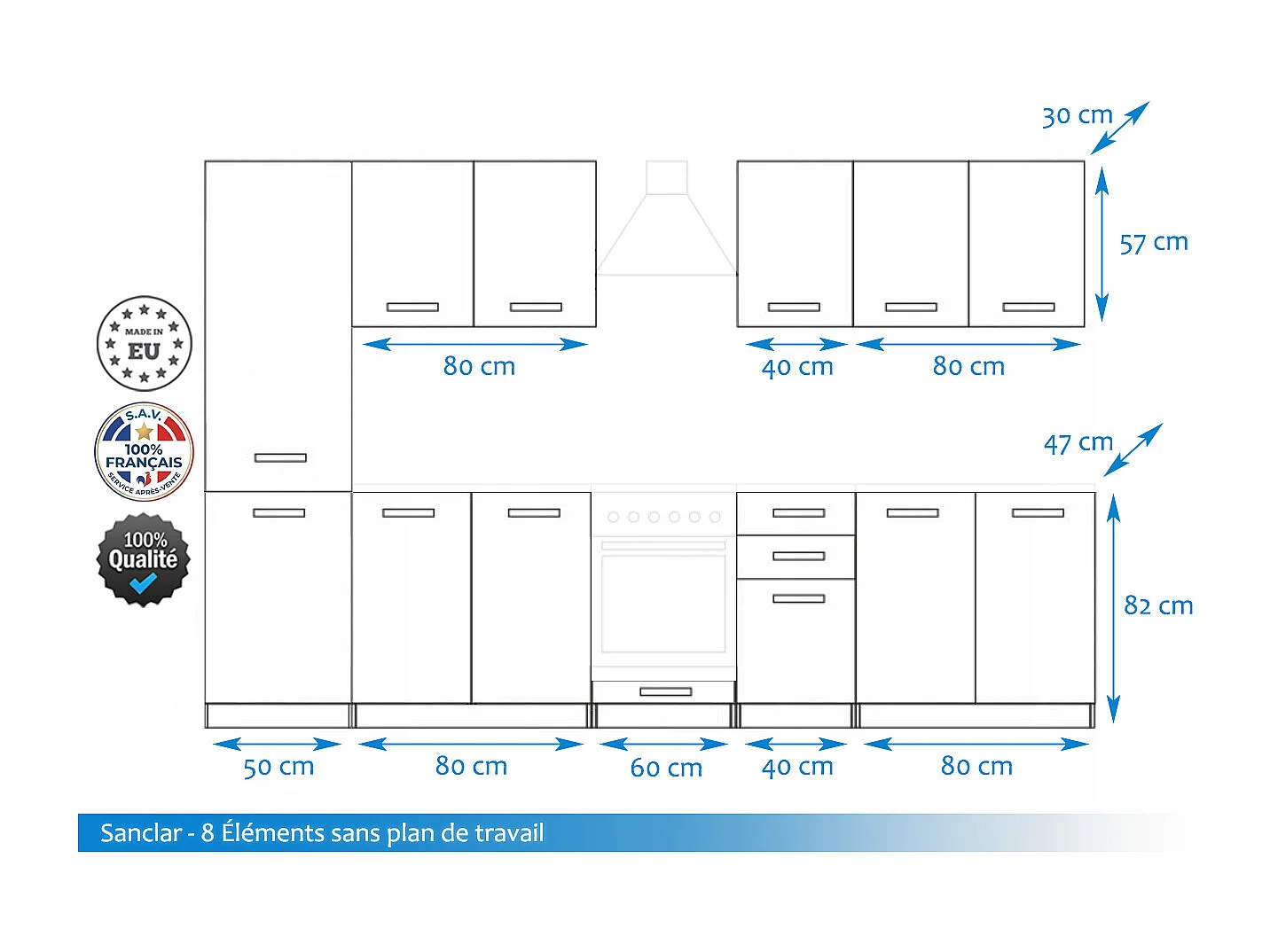 Cuisine complète Sanclar BOIS chêne 310 cm avec colonne et encastrement four - 8 éléments