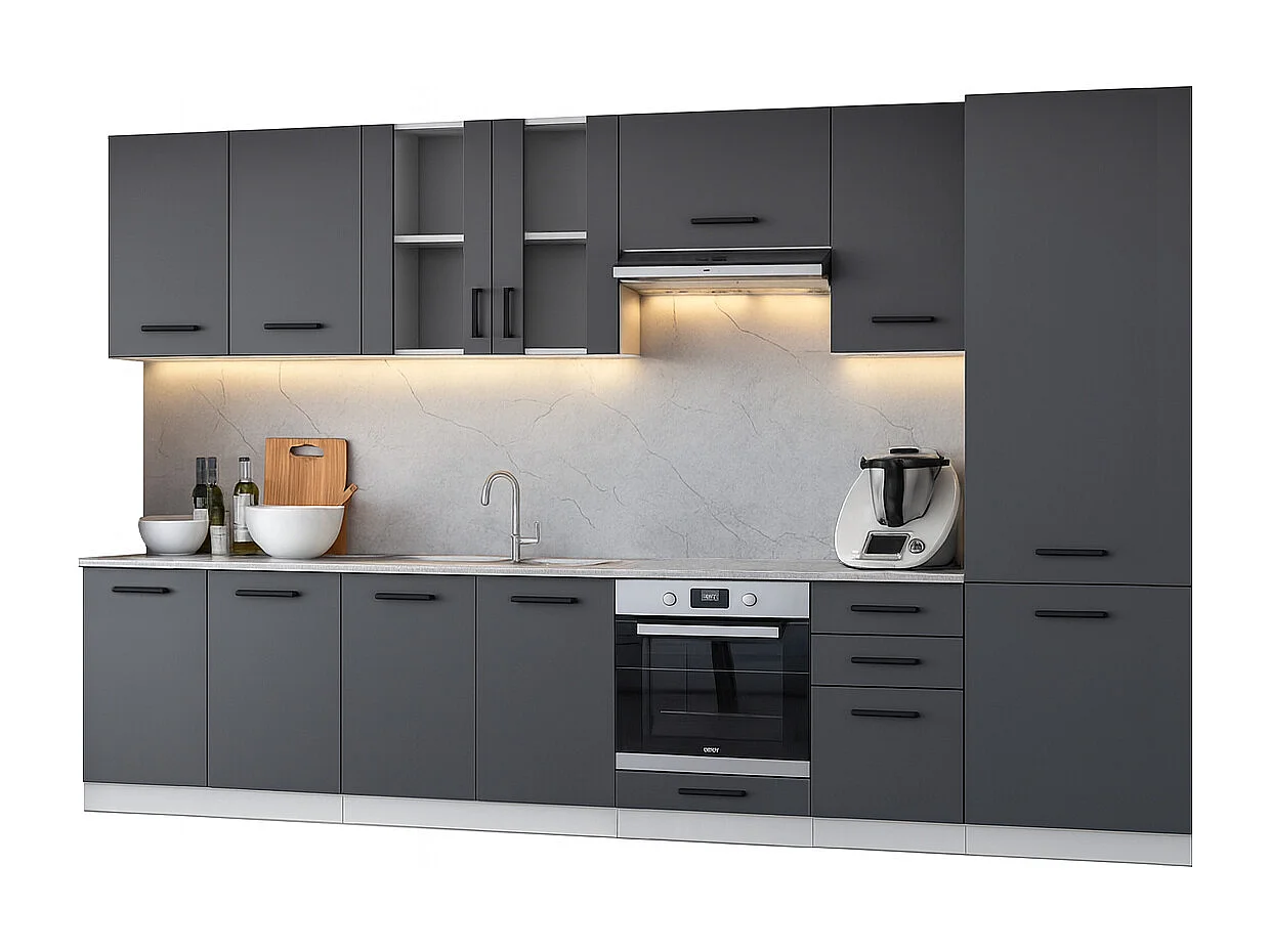 Cuisine complète Jolly GRIS graphite 320 cm colonne et encastrement four 9 éléments