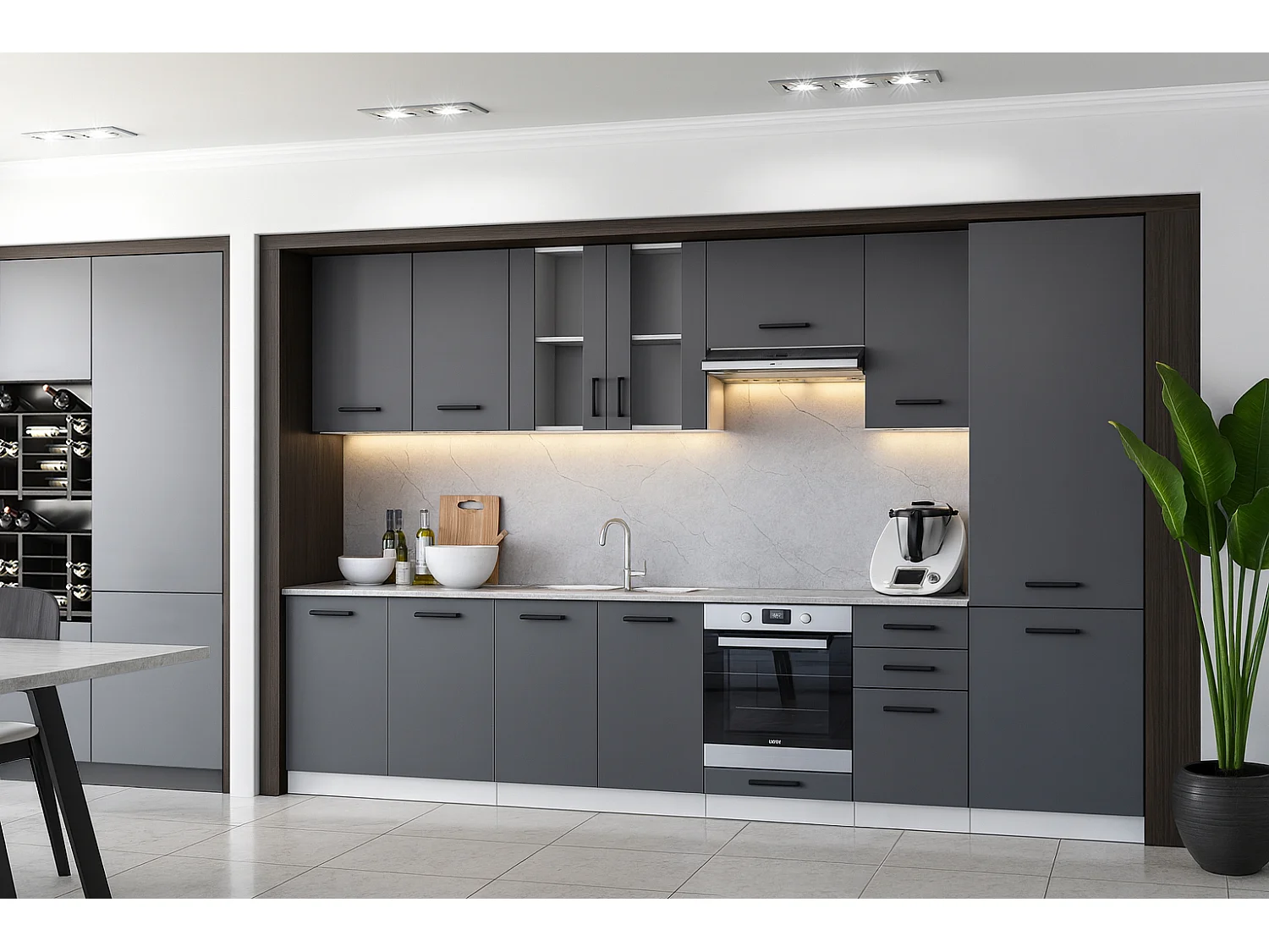 Cuisine complète Jolly GRIS graphite 320 cm colonne et encastrement four 9 éléments