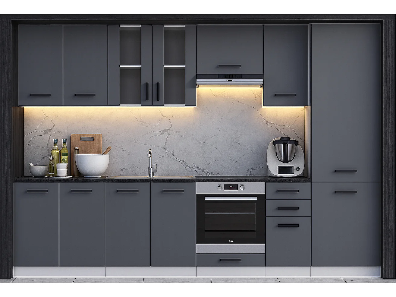 Cuisine complète Jolly GRIS graphite 320 cm colonne et encastrement four 9 éléments