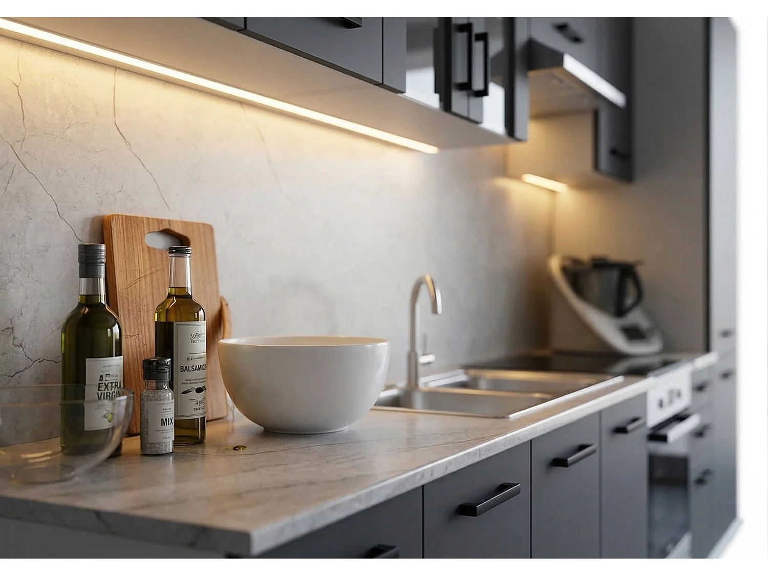 Cuisine complète Jolly GRIS graphite 320 cm colonne et encastrement four 9 éléments