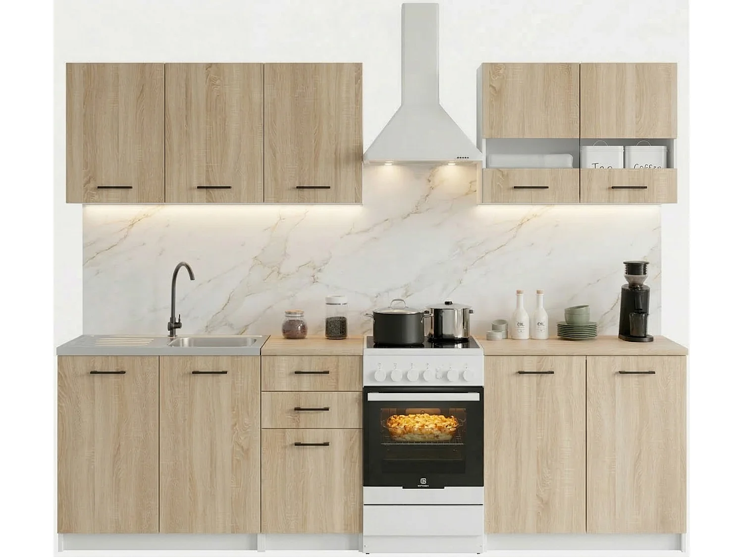 Cuisine complète Sanclar BOIS chêne 200 cm avec meuble vitré - 6 éléments