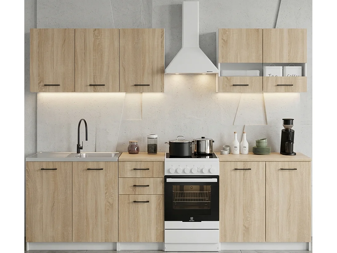 Cuisine complète Sanclar BOIS chêne 200 cm avec meuble vitré - 6 éléments