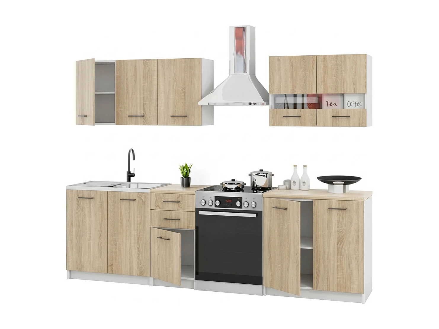 Cuisine complète Sanclar BOIS chêne 200 cm avec meuble vitré - 6 éléments