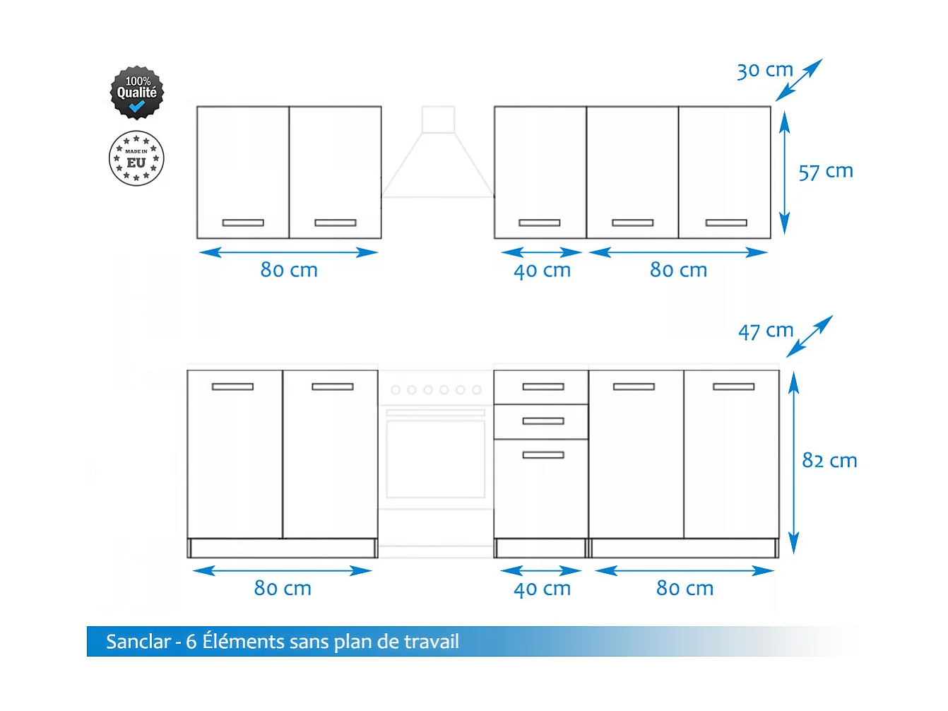 Cuisine complète Sanclar BOIS chêne 200 cm avec meuble vitré - 6 éléments