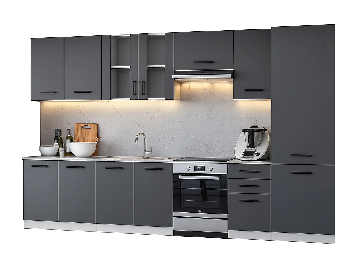 Cuisine complète Jolly GRIS graphite 320 cm avec colonne et vitrine 8 éléments