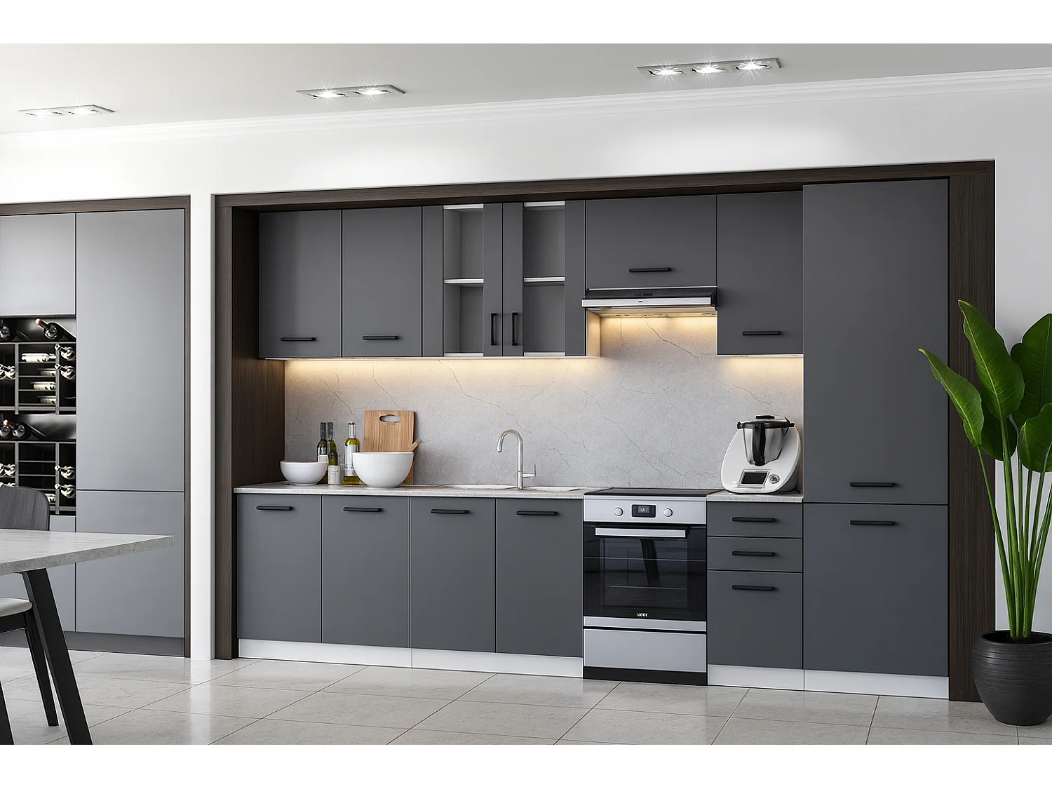 Cuisine complète Jolly GRIS graphite 320 cm avec colonne et vitrine 8 éléments