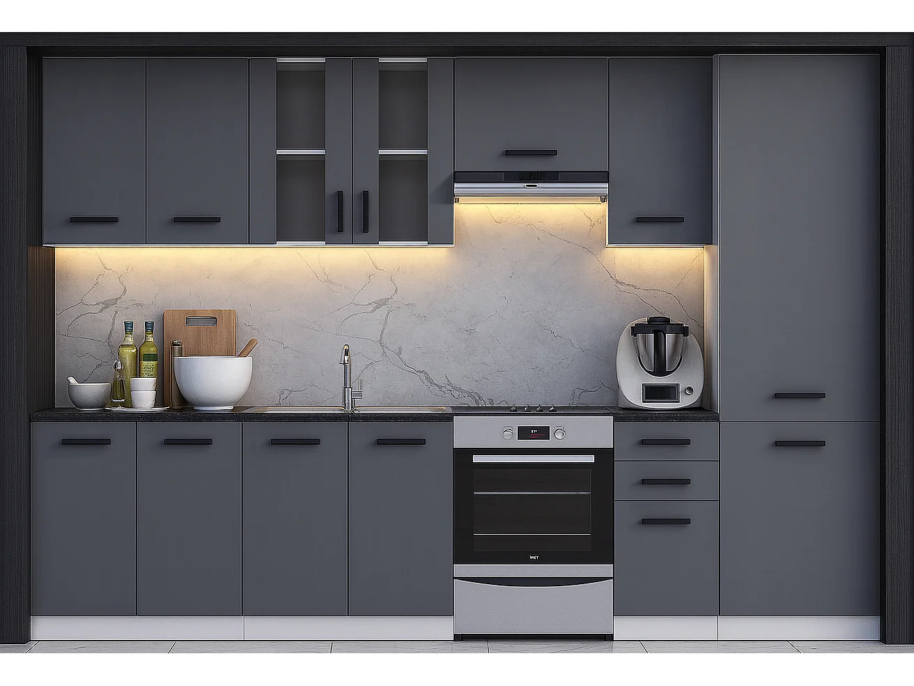 Cuisine complète Jolly GRIS graphite 320 cm avec colonne et vitrine 8 éléments