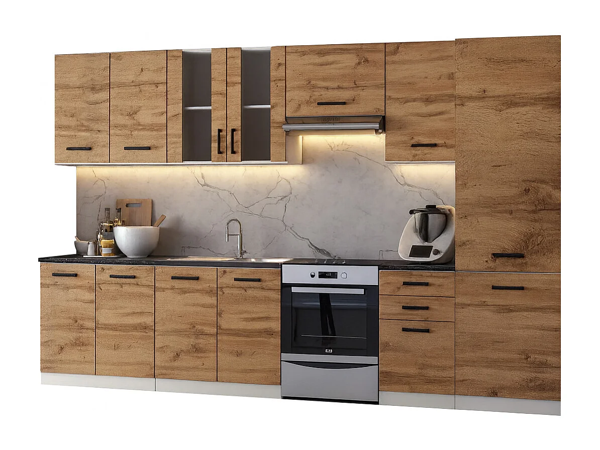 Cuisine complète Jolly BOIS chêne 320 cm avec colonne et vitrine 8 éléments