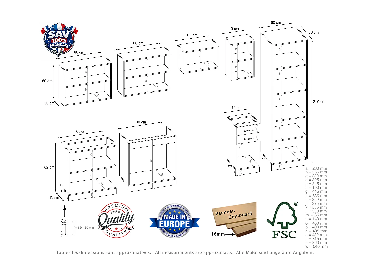Cuisine complète Jolly BOIS chêne 320 cm avec colonne et vitrine 8 éléments