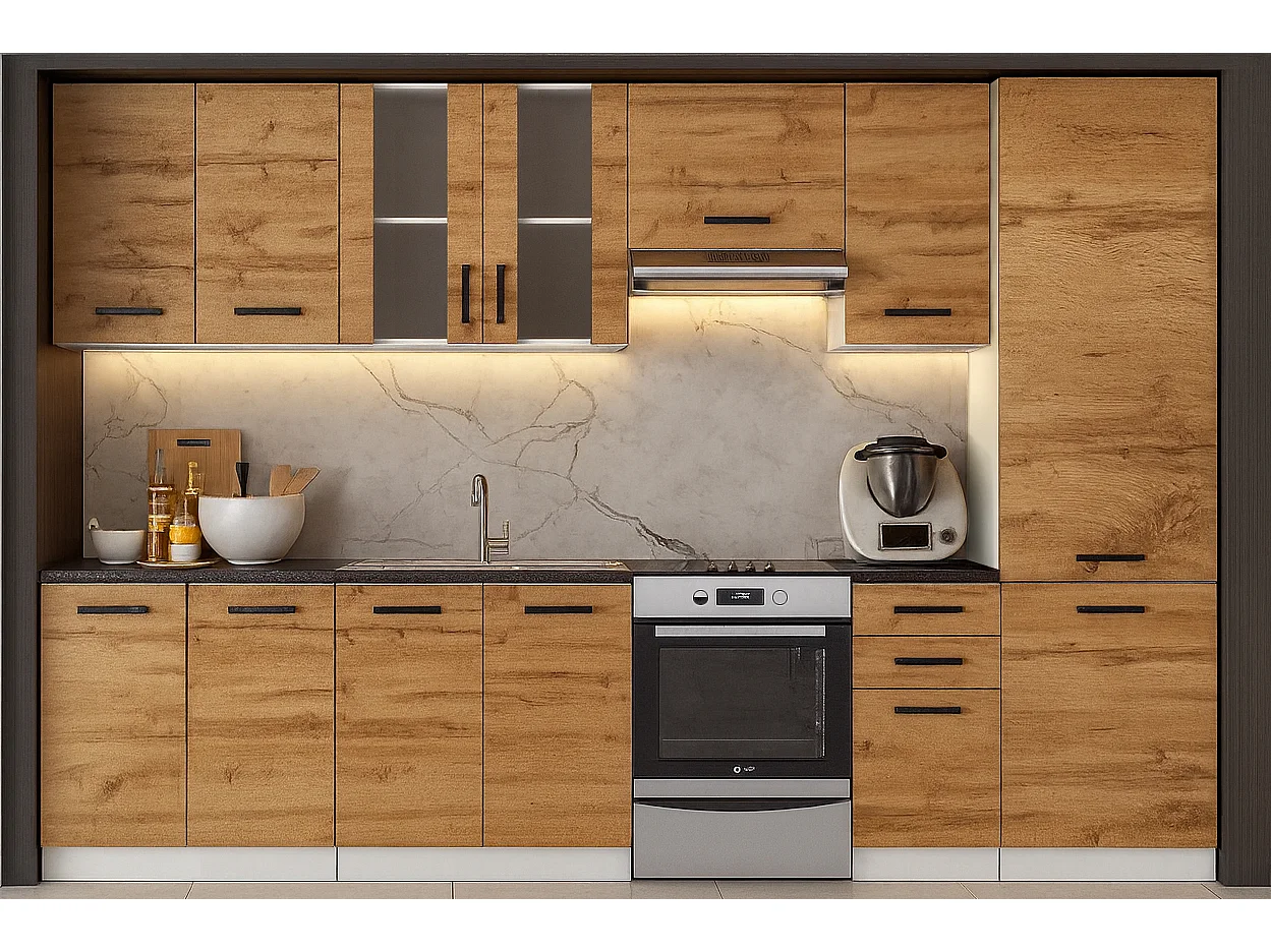 Cuisine complète Jolly BOIS chêne 320 cm avec colonne et vitrine 8 éléments