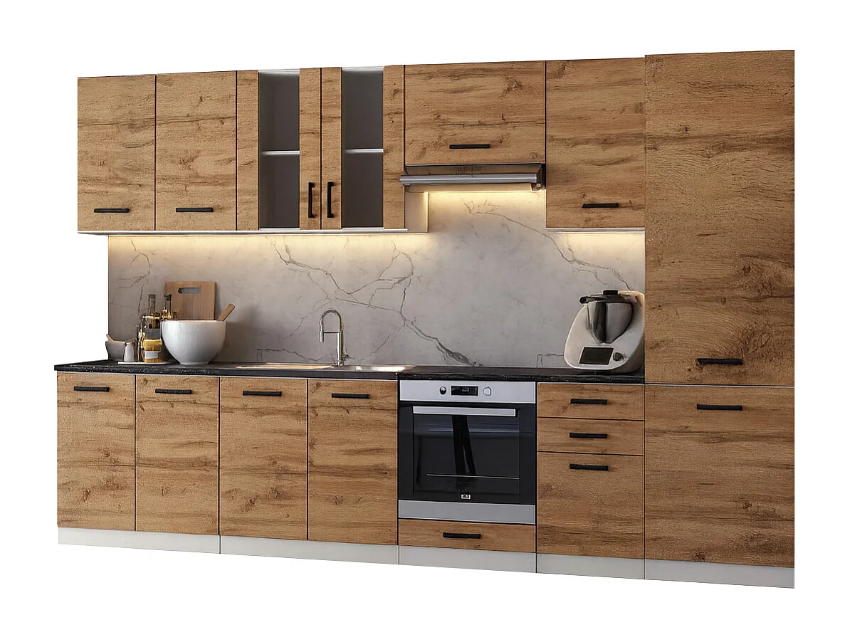 Cuisine complète Jolly BOIS chêne 320 cm colonne et encastrement four 9 éléments