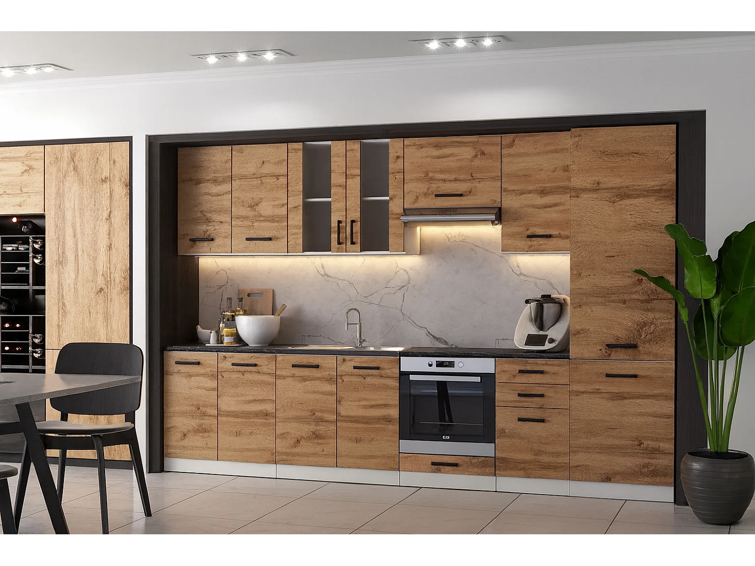 Cuisine complète Jolly BOIS chêne 320 cm colonne et encastrement four 9 éléments