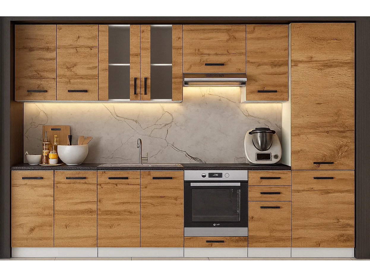 Cuisine complète Jolly BOIS chêne 320 cm colonne et encastrement four 9 éléments