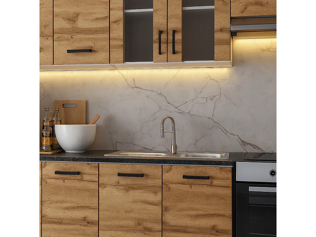 Cuisine complète Jolly BOIS chêne 320 cm colonne et encastrement four 9 éléments