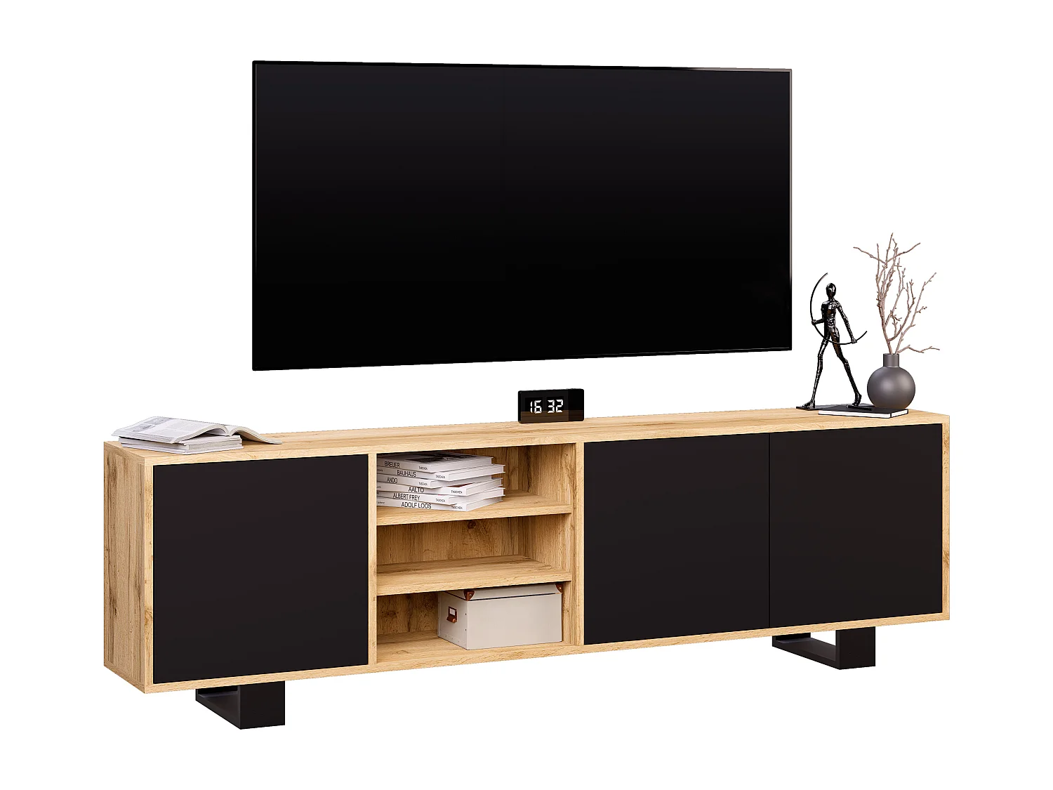 Meuble TV LOTOS 200 cm bois et noir style industriel contemporain