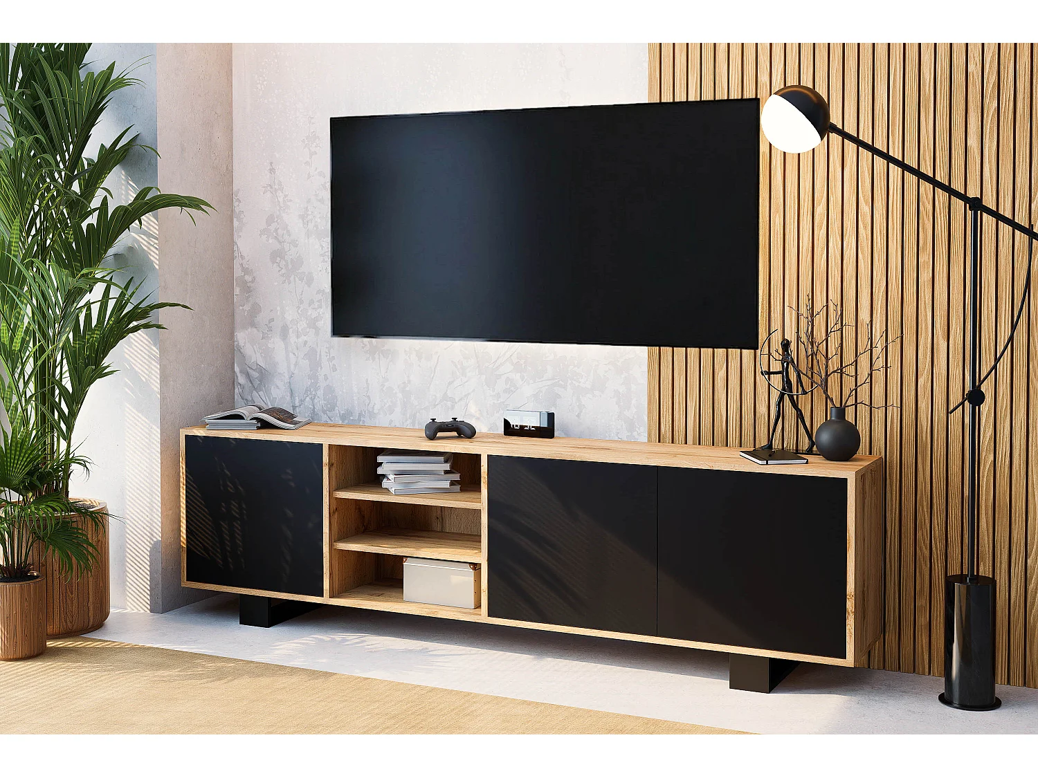 Meuble TV LOTOS 200 cm bois et noir style industriel contemporain