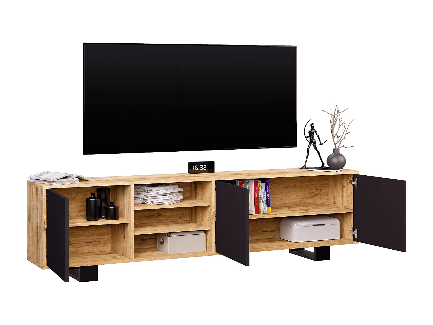 Meuble TV LOTOS 200 cm bois et noir style industriel contemporain