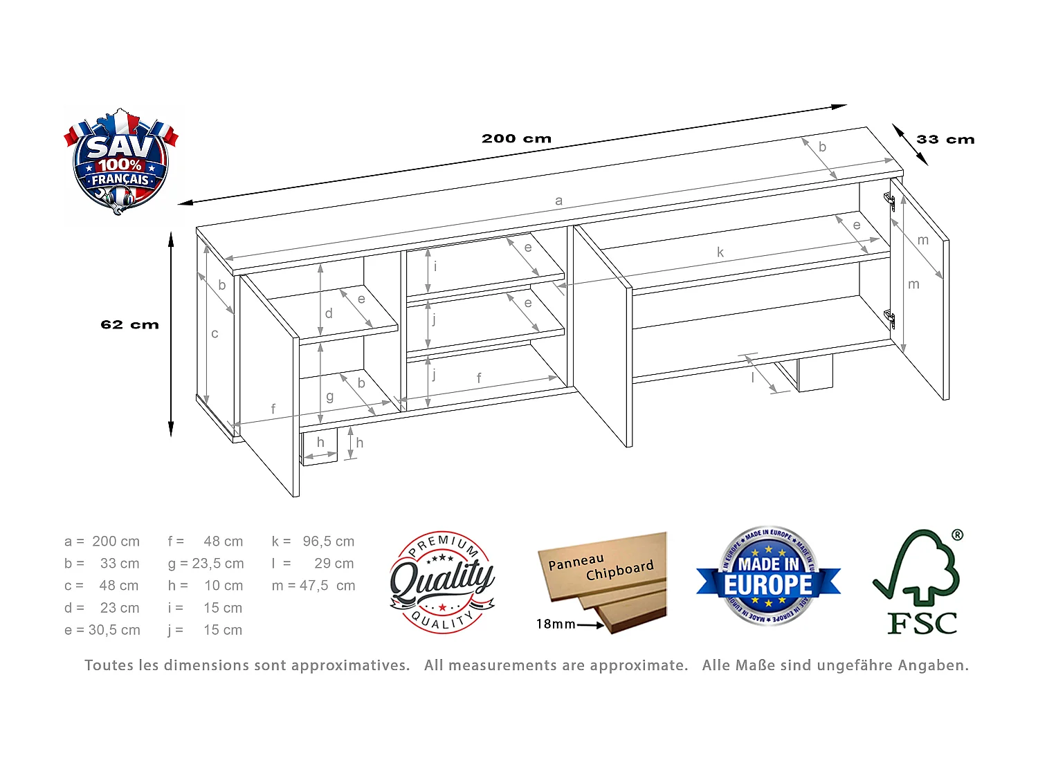 Meuble TV LOTOS 200 cm bois et noir style industriel contemporain
